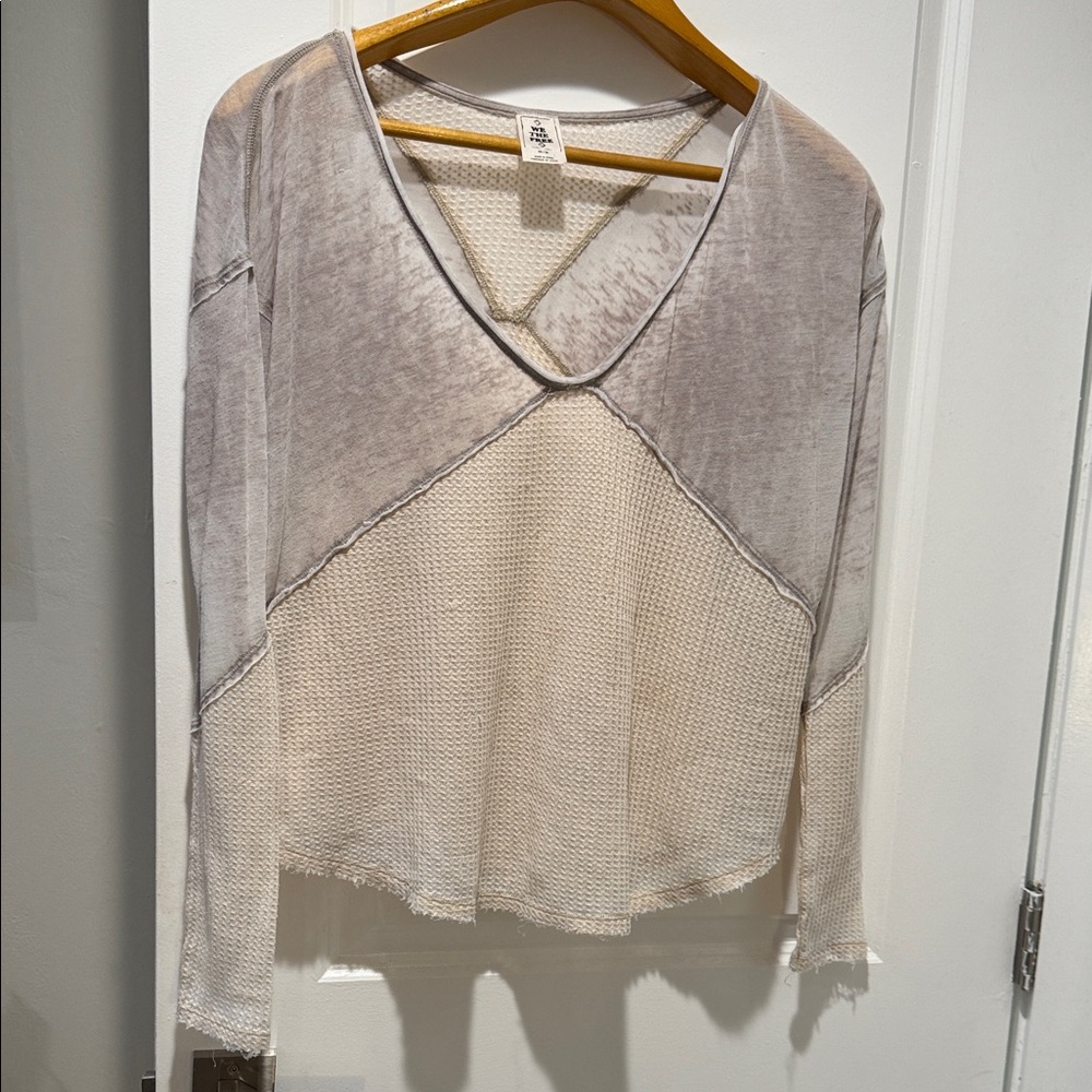 We The Free Gray and Cream FREE PEOPLE V-Neck Blouse